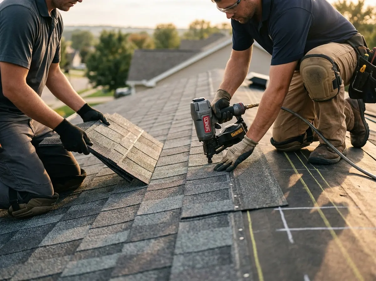 Professional roofer working on a residential roof in Jersey City